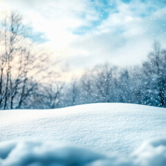Obraz premium Snowy landscape with soft snowdrifts and gentle falling snow, set against a blurred background of winter trees and a cloudy sky