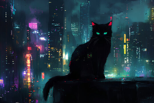 A black cat with glowing green eyes sits on a rooftop overlooking a futuristic cityscape with neon lights. - Powered by Adobe