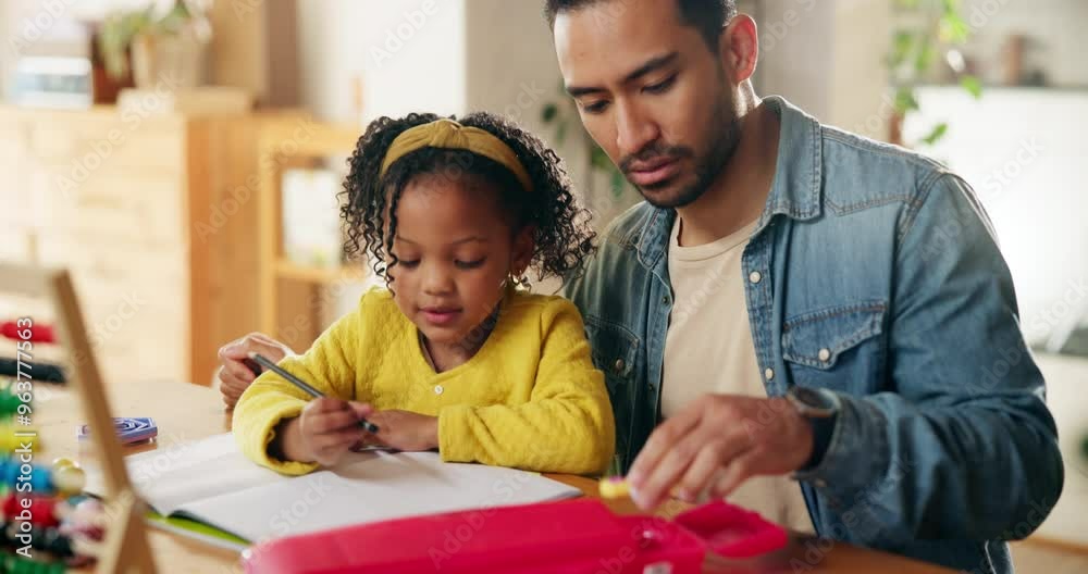 Poster Education, man and child in home with notebook, development and writing in book at table. Homeschooling, family and young girl in living room with dad, maths lesson and distance learning for growth