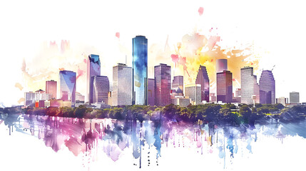 Obraz premium The watercolor painting represents a contemporary urban skyline in a vivid and dynamic way, with colorful splashes and reflections capturing the lively cityscape artistry