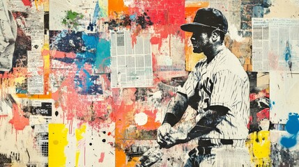 Fototapeta premium Abstract mixed media collage featuring a baseball player in action against a colorful, textured background with paint splashes.