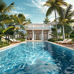 Fototapeta premium Swimming pool with sun loungers on the background of the sea.