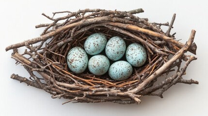 Obraz premium A bald eagle nest with detailed branches and eggs on a white background