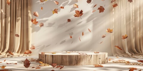 Autumn leaves fall on a wooden podium