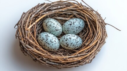 A detailed look at a bald eagle nest with eggs on a white background, showcasing its natural design