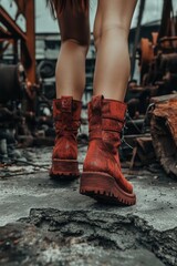 Urban Fashion: Stylish Red Boots Amidst Industrial Setting
