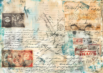 Fototapeta premium A vintage-style scrapbook paper featuring faded postcards, handwritten letters and stamps on a watercolor background in neutral colors.