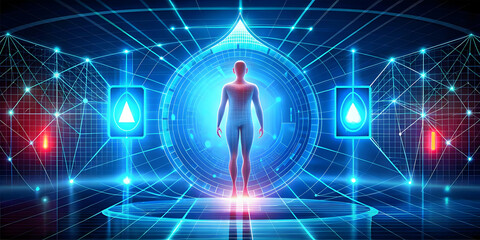 Naklejka premium Vibrant Flat Glowing Abstract Digital Art for World Diabetes Day: Geometric Patterns & Futuristic Blood Sugar Monitoring Device in Neon Blue