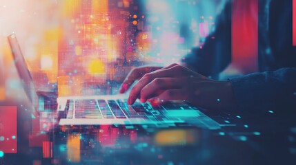 Close-up of a person's hands typing on a laptop with a colorful and abstract digital background, emphasizing technology and creativity.