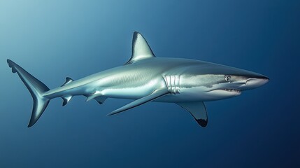 A sleek shark swimming against a plain white background, emphasizing its streamlined shape