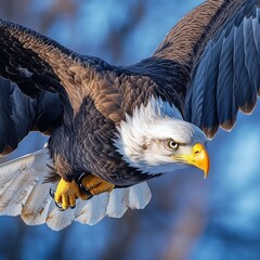 Majestic Bald Eagle in Flight Against Blue Sky with Extended Wings.