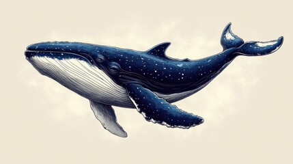 A whale illustrated in a simple line drawing style on a white backdrop, highlighting artistic features
