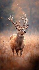 Fototapeta premium Deer against an isolated background, with its detailed antlers and graceful form prominently displayed in a minimalistic environment.