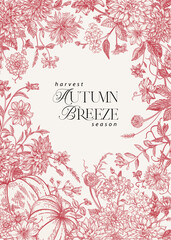 Floral vertical frame with vegetables, flowers and berries. Vector botanical illustration. Harvest festival. Red