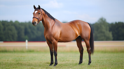 Beautiful Bay Horse Standing in a Field - Perfect for Equestrian Marketing!