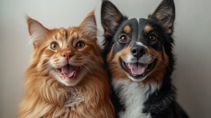 Obraz premium Adopt a pet advertisement with a happy dog and cat, white background
