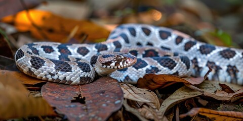 Fototapeta premium Snake Eater: The Non-Venomous Wolf Snake with Distinctive White and Black Markings in a Forested Habitat