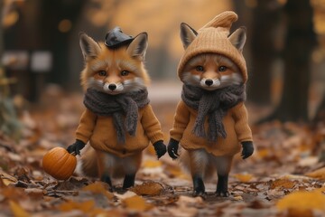 Foxes trick-or-treating in spooky Halloween costumes, walking through a haunted village, copy space for stock photo with minimal concept, No logo, No Trademark, No text