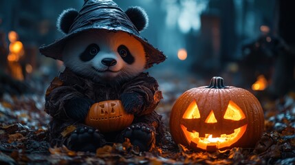 Obraz premium Ghostly panda in a witch costume, sitting by a jack-o-lantern in a misty graveyard, copy space for stock photo with minimal concept, No logo, No Trademark, No text