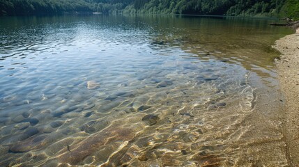 Clear lake water on Uvildy's sandy shore