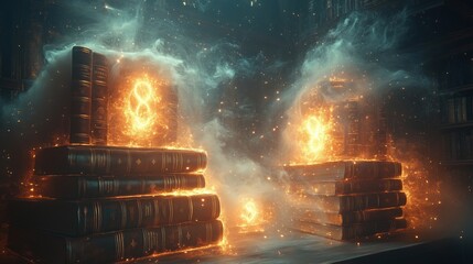 Creepy books with glowing symbols, surrounded by floating ghosts in a dark, magical room, copy space for stock photo with minimal concept, No logo, No Trademark, No text