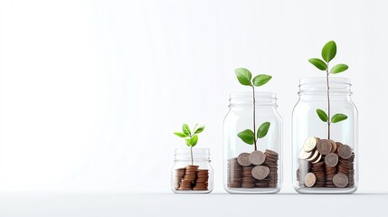 Growing investment concept with coins and plants in jars symbolizing financial growth and sustainability.