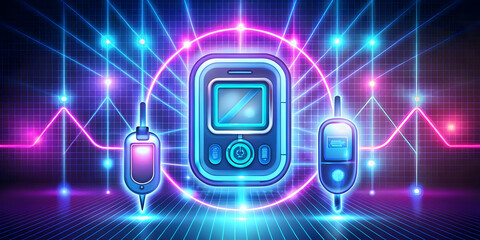 Fototapeta premium Flat Neon Abstract Digital Art: Diabetes Care Gadgets for World Diabetes Day - CGM Devices, Insulin Pumps, Glucose Meters in a Dynamic Glowing Background