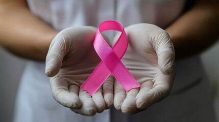 A healthcare professional holds a pink ribbon symbolizing breast cancer awareness and support in a caring manner.