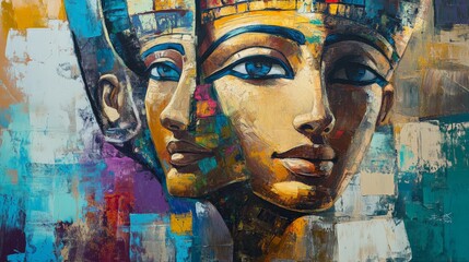 Colorful abstract painting featuring ancient Egyptian queen masks with vibrant and textured brushstrokes in blue, gold, and crimson hues.