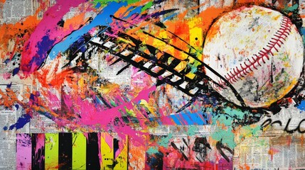 Colorful abstract painting featuring a baseball and vivid splashes of paint, blending sports and art in a dynamic composition.