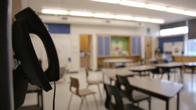 School class phone to call intercom close up out of focus desks