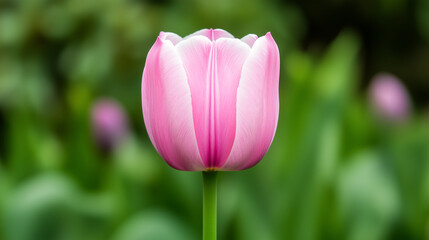 Obraz premium Vibrant pink tulip in full bloom, with delicate petals against a soft-focus green background in a garden