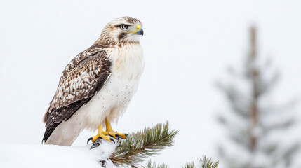 Majestic hawk with sharp eyes perched on a snow-covered branch, set against a stark white winter background