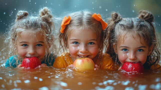 Group of kids in costumes bobbing for apples at a family Halloween party, copy space for stock photo with minimal concept, No logo, No Trademark, No text