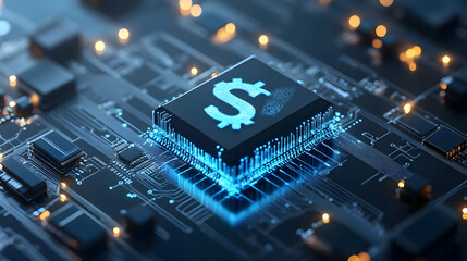 3D AI Chip with Money Flow Symbol - Clean Vector Representation of AI Efficiency in Financial Management - Isolated on White Background