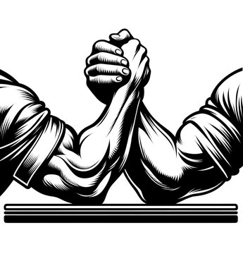 Isolated black and white vector illustration of two people competing in an arm wrestling match on a white background.	