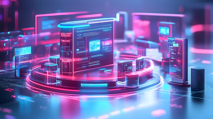 Obraz premium 3D AI-Driven Customer Experience Center Background with Digital Kiosks, Interactive Displays, and Glowing Elements for Innovation in Customer Service Technology