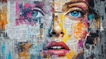 Colorful abstract portrait of a woman with blue eyes, blending vibrant hues with newspaper clippings, conveying emotion and artistic expression.