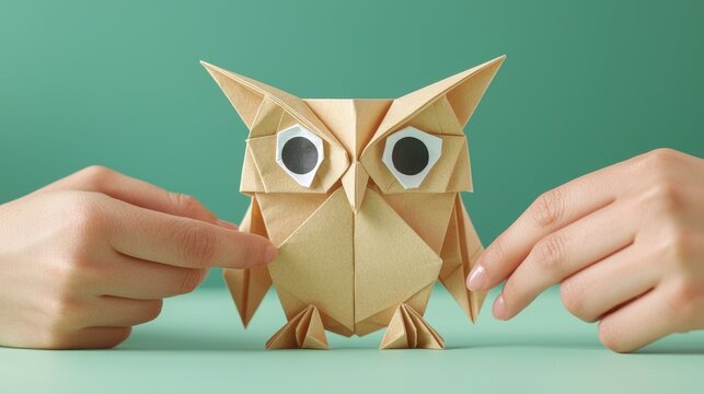 A paper owl is sitting on a table with two hands on it
