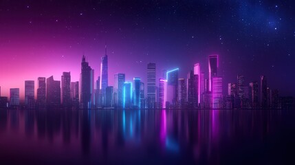 Naklejka premium Neon-Lit Futuristic City Skyline at Night with Reflective Water and Starry Sky
