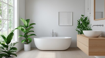 Modern Minimalist Bathroom with Freestanding Tub, Wooden Vanity, and Indoor Plants in Bright Natural Light