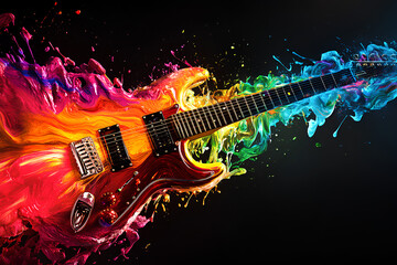Obraz premium A vibrant electric guitar is engulfed in a colorful explosion of paint, creating a dynamic and abstract composition.