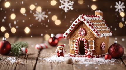 Fototapeta premium Festive Gingerbread House with Christmas Decorations and Snowflakes on Wooden Background