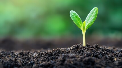 Close-up of a Young Green Seedling Growing in Fertile Soil with a Blurred Green Background