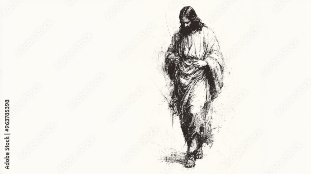 Sticker black and white illustration of jesus, captured in a peaceful walk.