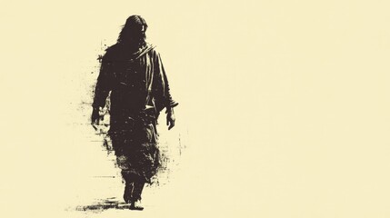 Fototapeta premium A minimalist black and white sketch of Jesus walking in flowing robes. Vector illustration.