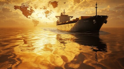Fototapeta premium A cargo ship sailing through golden waters at sunset, with a world map in the background.