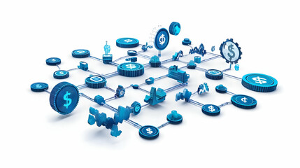 3D AI Fintech Vector: Dynamic Dollar Path Illustrating Financial Technology Icons Impacting Cost Management, Isolated on White Background