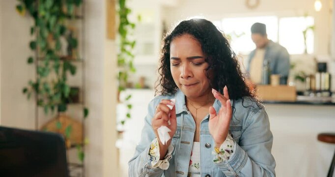 Sick, woman and laptop with sneeze in home for allergies, virus and bacteria with remote work. Entrepreneur, lens flare or ill person with flu, sinus infection or hayfever with tissue at dining table