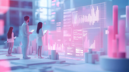 3D AI-Powered Marketing Analytics: A Dynamic Office Scene Showcasing a Team Utilizing AI Tools for Optimizing Campaign Performance and Managing Costs